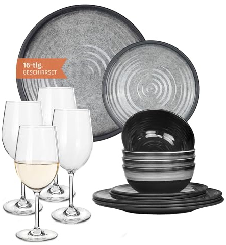 Moritz Vaisselle de camping en mélamine pour 4 personnes - Gris pierre + 4 verres à vin blancs - Pour pique-nique et barbecue