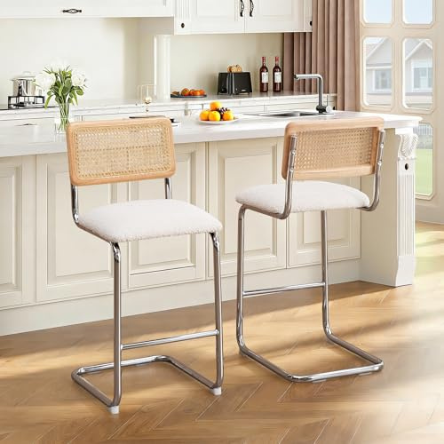 Scingu 26 Rattan Barstools Set of 2, Mid-Century Modern Upholstered Counter Height Bar Chairs with Cantilevered Design and Metal Base for Kitchen Island, White Boucle
