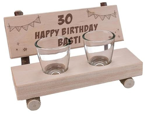 Unikatolo Schnapsbank Happy Birthday mit Name + Zahl graviert, personalisiertes Geschenk zum runden Geburtstag, für Männer und Frauen, kleine Holzbank mit 2 Schnapsgläsern