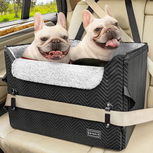 Petsfit hundbilstol för små medelstora hundar, säker och stabil med säkerhetsbälte fästklämma och plyschkudde, svart, upp till 12 kg