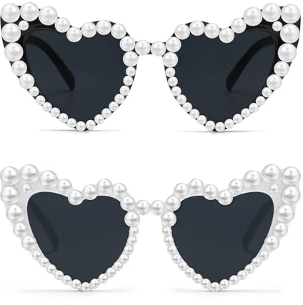2PCS Perlen Herz Sonnenbrille Damen, Herzbrille Weiß Herzform Sonnenbrillen Schwarz, Herz Brille Sonnenbrillen Jga Brillen Frauen Hochzeit Partybrille, Herzsonnenbrille Vintage Sonnenbrille Damen