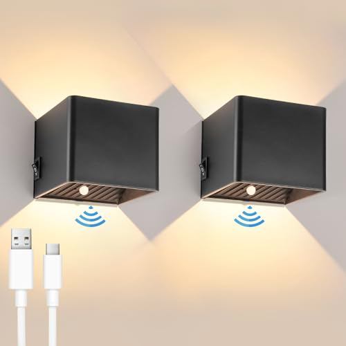 YindaLux 2 Stück 3000mAh Akku Wandleuchte mit Bewegungsmelder Innen, 5W 2700K Wandleuchte ohne stromanschluss, USB Aufladbare kabellose Wandlampe mit schalter für Flur Schlafzimmer Wohnzimmer,Schwarz