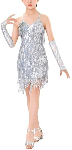 AIEOE Girls Latin Dance Dress with Gloves, Silver, 12-13 Years, 5-13 Years