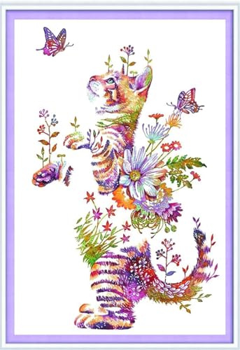 Gofission Kreuzstich Set Vorgedruckt Stickpackungen, Bunte Katzen und Schmetterlinge 11ct Stickset 40 x 56 cm mit Stoff Vorlagen für Erwachsene Anfänger