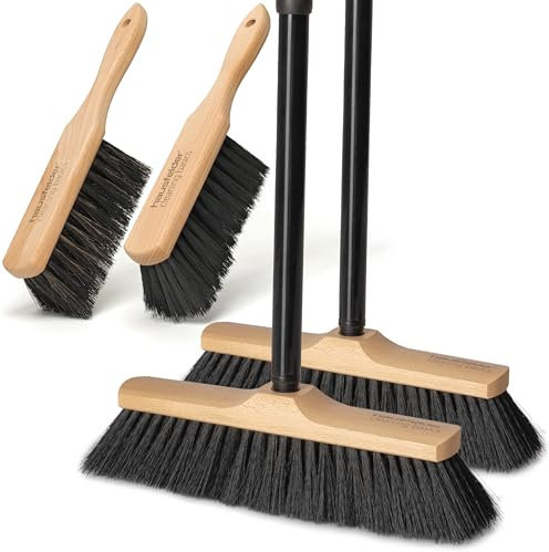 Hausfelder 4er Set Zimmerbesen mit Stiel + Handfeger, staubbindender Besen aus Holz, Stubenbesen fein und weich (Vorteilspack: 2 x Besen 30cm, 2 x Handfeger)