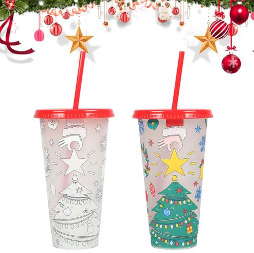 MOPQMKT Plastiktasse farbverändernde Getränketasse mit Deckel Stroh passend für Smoothies Fruchtsaft Kaffee kalte Getränke Wiederverwendbare Plastiktasse passend für Kinder und Erwachsene 710ml