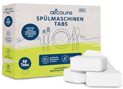 œcolife Spülmaschinentabs, 60 Tabs, Geschirrspültabs, plastikfrei | Tabletten zur Geschirreinigung, für Spülmaschinen ohne Folie, mit Zitronengras-Duft, Tabs für Spülmaschine & Geschirrspüler