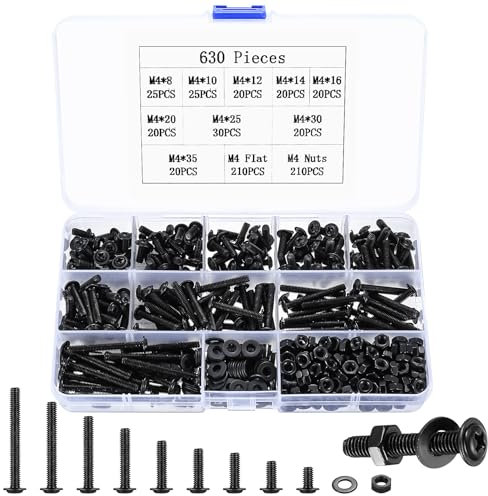 630 Pcs M4 Assorted Bolts and Nuts Set, Machine and Set with Washers, Flat Head Washer Cross Head Screws Bolts Nuts Assortment Kit, Black Thread Fastener Screws and Nuts