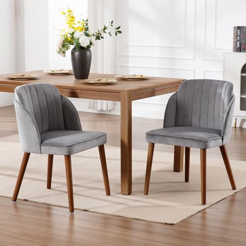 chairus 2er-Set Esszimmerstuhl Retro, Walnuss Holzbeine, Armlos, Samt/Grau | Retro-Küchenstühle mit weichem Samtbezug und stabilen Massivholzbeinen, elegantes Design, für Küche, Esszimmer, Wohnzimmer