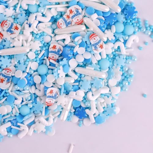 Lukinuo Weihnachtsstreusel Urlaub Schneeflocken Streusel für Kuchen, die essbare blaue weiße Streusel Schneemann gefrorene Streusel Winter Streusel Jimmies für Cookie Backen Kuchen Dekoration 3.5 Oz