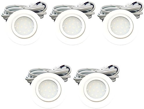 Rolux 5er Set IP44 LED Spots 12V DC, extra flach, 2,2W, 240lm, Weiß, (4000K) Neutralweiß, für Bohrlöcher 54-60mm, inkl. 2m Kabel mit AMP-Stecker – ideal für Möbel, Küche, Bad, Decken und mehr