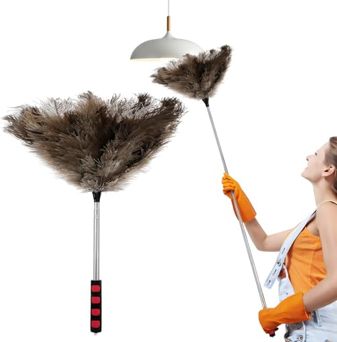 Ostrich Feather Duster Long Handle Natural Fluffy Ostrich Feather Duster Extendable Thick Soft Dust Removal Tool for Cleaning Ceiling Fan Blinds Furniture (115cm)