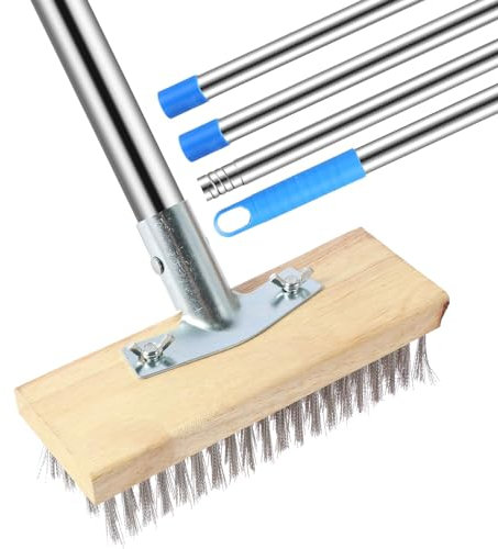 Balai en fil d'acier avec manche - 165 cm - Tête de brosse de 20 cm - Balai métallique pour terrasse - Pour enlever les mauvaises herbes, la mousse, les algues, les taches tenaces