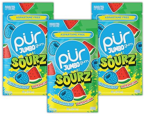 PUR Jumbo SOURZ Gomma da masticare | Senza aspartame | Con xilitolo | Aroma naturale | Lampone blu aspro, Anguria aspro, 20 pezzi (confezione da 3)