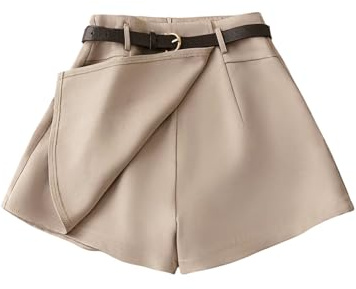 GORGLITTER Damen Kurze Hose Elegant Hosenrock Wickel Sommershorts Freizeitshort mit Gürtel Casualshorts mit Reißverschluss Hotpants Khaki L
