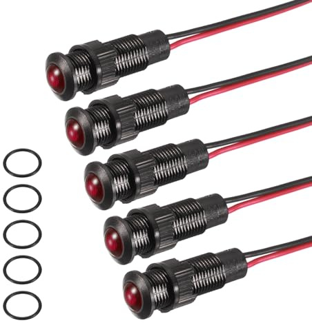 PATIKIL 5Pcs 8mm(5/16) Indicator Light,12V-24V AC/DC LED Plastic Shell Signal Lamp Waterproof IP67 Round Head Signal Lights with 150mm(5.9) Cable for Boat Car,Red