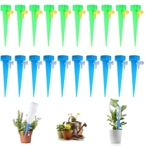WUBAYI Juego de 20 picos de riego automáticos, goteros ajustables para jardín y plantas de interior, 10 azules y 10 verdes, sistema de riego para interiores y exteriores