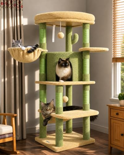 Globlazer Árbol Rascador Esquina Cactus Verde, Rascador para Gatos Rincón Alto 130 cm con Grandes Plataformas, Curvado Nidos, Hamaca, Cesta, Torre Gato Estable para 2-4 Gatos Adultos (C51, Verde)