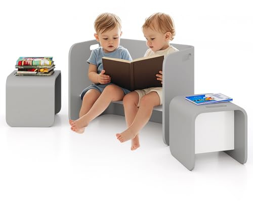 DREAMADE multifunktionaler Kindertisch mit 2 Stühlen, Sitzgruppe für Kinder Kindersitzgarnitur Kindermöbel, 3 TLG. Kindersitzgruppe aus Birkenholz für Kinder für Kinderzimmer, Kindergarten (Grau)