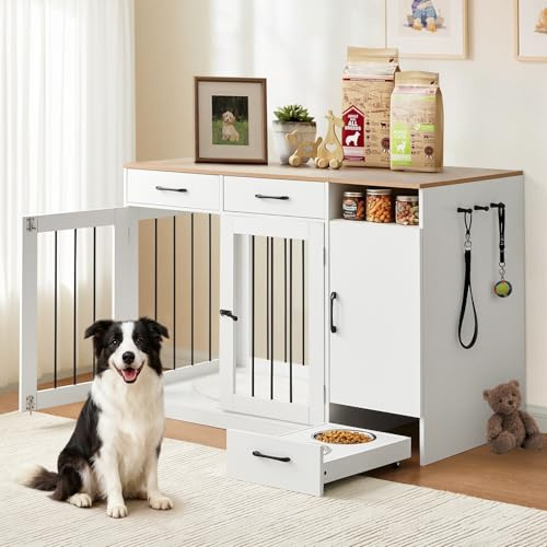 TUKAILAi Hundebox im Möbeldesign mit Futterstation, Robuster Hundekäfig mit Schubladen, Schrank und erhöhten Näpfen für kleine & mittlere Hunde
