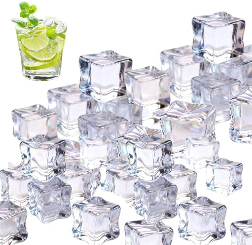 Fake Ice Cubes,50 pcs 0.7 Realistic Clear Plastic Fake Ice,Acrylic Decorative Ice Cubes for Vase Fillers, Table Decor, Weddings, Photography Props