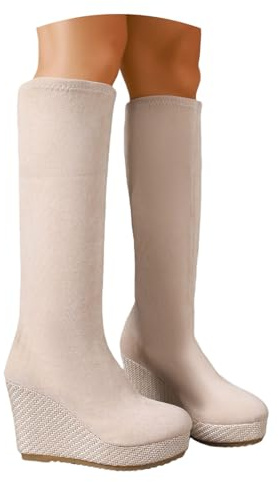 Damknähöga Stövlar For Höst/vinter 10 Cm Platå Långa Stövlar Med Kilklack Slip-on-skor I Stretchmocka Moderna Och Bekväma Höga Klackar For Kontoret, Festen(40 EU)