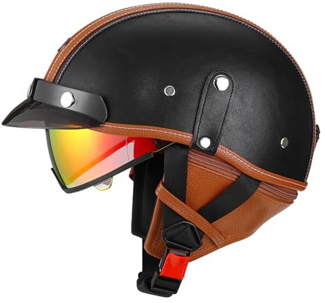 Caschi Jet E Demi-Jet Vintage Caschi Cromwell Casco A Scodella Con Visiera Casco Mezzo Pelle DOTECE Omologato Elmetto Da Moto Retrò Aperto Casco Scooter Per Adulti Unisex B,L:59-60CM
