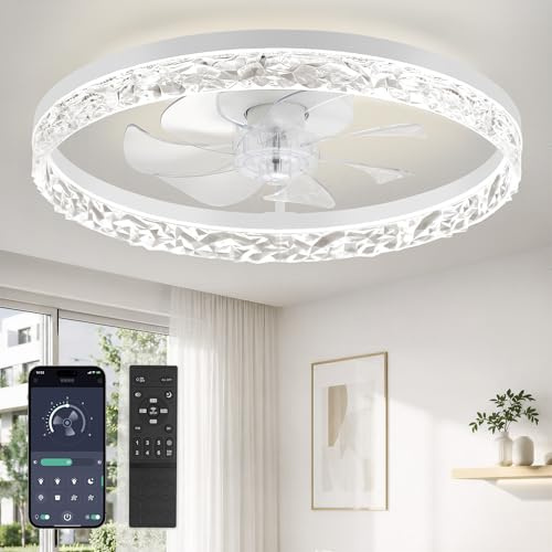 ZMISHIBO Deckenventilator mit Beleuchtung,Ø50,8 cm,3000K-6500K stufenlos dimmbar,6 Geschwindigkeiten,Timer,App & Fernbedienung,moderner LED-Deckenventilator für Wohnzimmer und Schlafzimmer,Weiß