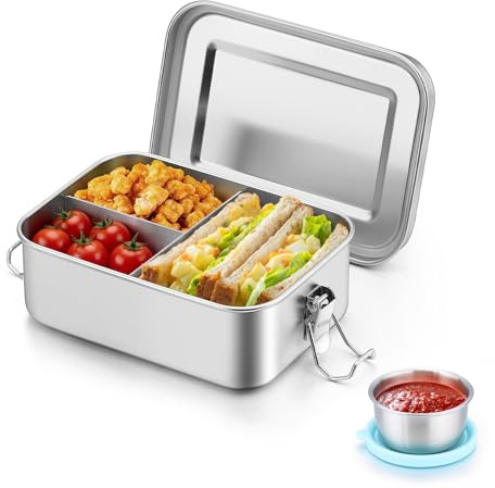 Joyfair Brotdose mit Fächern, Edelstahl Bento Box mit 3 Fächern, Metall Lunchbox Brotzeitdose mit Auslaufsicherem Saucenbehälter für Camping Picknick Reisen und Arbeit, Spülmaschinenfest - 1400ml