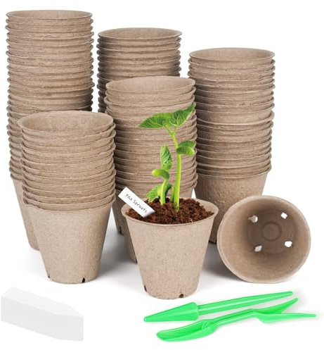Lot de 100 pots de fleurs biodégradables de 8 cm, pots de semis, pots de semis ronds avec 100 étiquettes en plastique et outils de creusement de transplantation, petits pots de fleurs pour semis