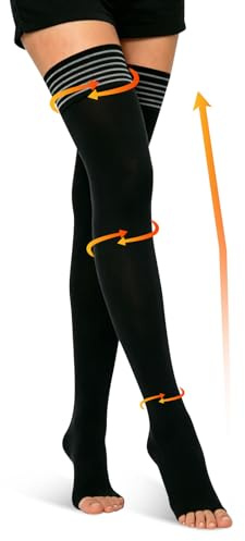 AYBUY Medias de Compresión hombre mujer 23-32 mmHg Clase 2, 1 Pares Graduada con Banda de Silicona, soporte graduado, sin pies, para Deporte Vuelo Viaje Embarazo y Trabajo de Pie, L