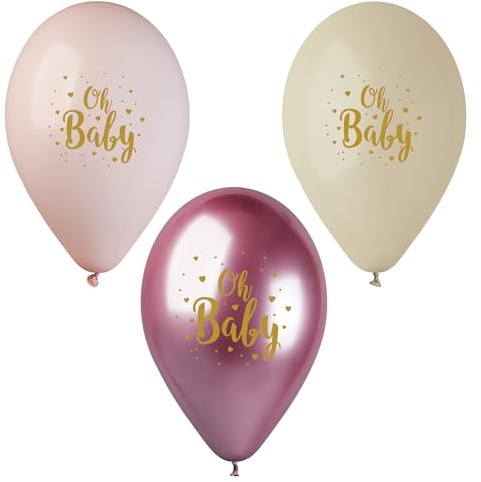 Luftballons 29cm mit Aufdruck Oh Baby 6er Set - Ballons für Helium oder Luft - Latexballons Mix zur Geburt & Geburtstag - Ballonset als Babyparty Raum Deko - Rose/Creme Pastell