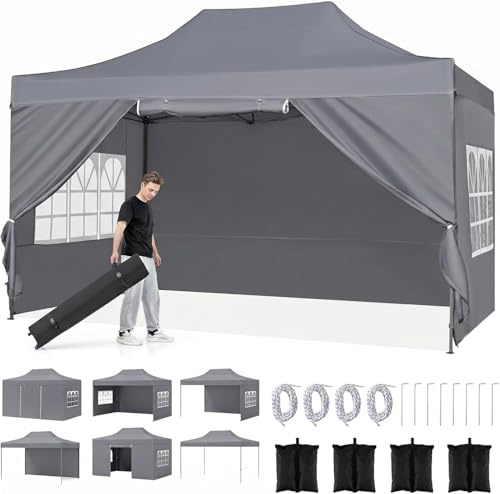 COSTWAY 3 x 4,5 m Pop up Pavillon, Faltpavillon wasserdicht stabil Winterfest mit 4 Seitenwänden & Sandsäcken, höhenverstellbarer Gartenpavillon mit Rolltasche für Strand & Hochzeit (Grau)