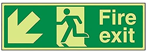 VSafety Warnschild „Fire Exit“, 450 x 150 mm, leuchtet im Dunkeln, Pfeil nach links unten, Hartkunststoff