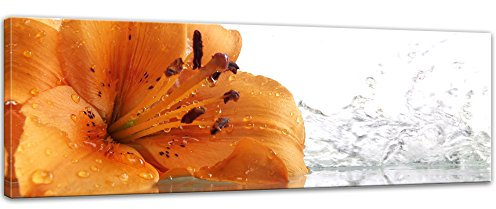 Keilrahmenbild - Lilie II - Bild auf Leinwand 120 x 40 cm - Leinwandbilder Bilder als Leinwanddruck Pflanzen & Blumen Natur orangene Lilie mit Wassertropfen