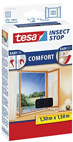 10 Stück tesa Insect Stop COMFORT Fliegengitter für Fenster/Insektenschutz mit selbstklebendem Klettband in Anthrazit / 130 cm x 150 cm