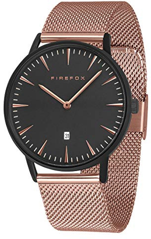 FIREFOX Damen- Armbanduhr Passion analog Quarz Edelstahl vergoldet Milanaise Mesh Armband Zifferblatt schwarz Rosegold 5 ATM wasserdicht FFPL02-009
