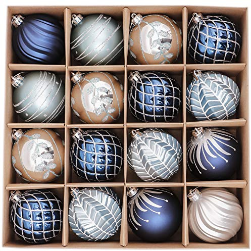 Valery Madelyn Weihnachtskugeln 16 Stücke 8CM Kunststoff Christbaumkugeln Weihnachtsdeko mit Aufhänger Weihnachtsbaumschmuck für Dekoration Winterwünsches Thema Silber Blau