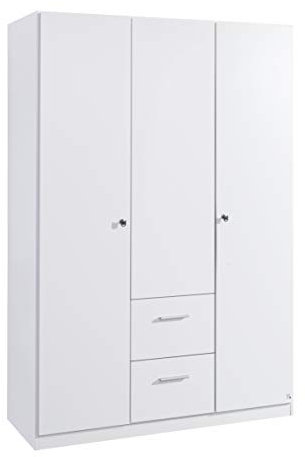 Rauch Möbel Buchholz Schrank abschließbar, Abschließbarer Kleiderschrank in Weiß 3-türig mit 2 Schubladen inkl. Zubehörpaket Basic 2 Kleiderstangen, 5 Einlegeböden BxHxT 136x197x54 cm
