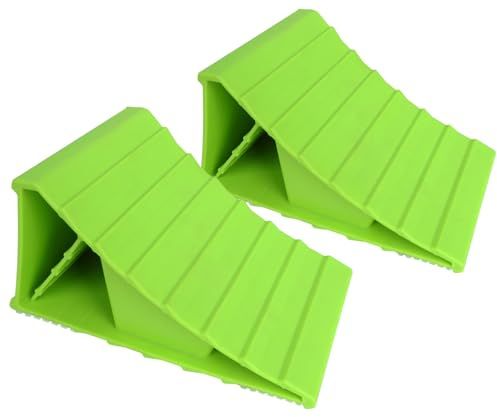 MaxxHaul High Visibility Polypropylene Wheel Chocks 2-Pack 8.4 x 4.75 x 4.25 Non-Slip Base Lightweight Durable Tire Chocks for Cars Trailers and Small RVs Neon Green (50230)