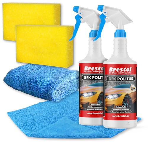 Brestol GFK-POLITUR 2x 750 ml + 2x Poliertuch + 2x Polierschwamm (7554.7) - Waschen ohne Wasser Autolack Schnellreiniger Folienreiniger Carnaubwachs HM10 Ultraclean Schnellpolitur