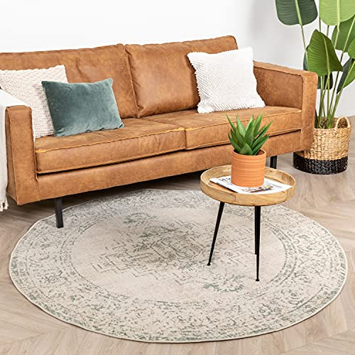 FRAAI | Home & Living Teppich Vintage Rund - Spring Ethnic Creme Grün - Polypropylen - Kurzflor - Vintage - Boho, Orientalisch - Wohnzimmer, Esszimmer, Schlafzimmer - Carpet