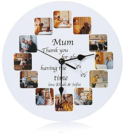 Jeweidea Relojes de Pared con Fotos Personalizadas Relojes de Pared con Texto Personalizado con 12 Fotos Regalo para Madre, Padre, Mejores Amigos, Familiares, Parejas, hogar, decoración, cumpleaños