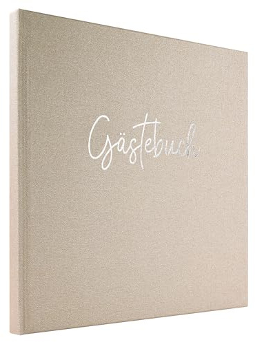 DeinWeddingshop Gästebuch zur Hochzeit mit Fragen - Leinen-Bezug mit Prägung | Edles Hochzeitsgästebuch | 104 Seiten - 50 Eintragungen | Hardcover 21x21cm | Beige Creme