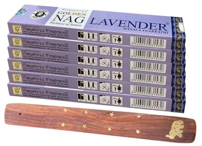 Incienso Lavanda Vijayshree Golden Nag 15 g Nueva fragancia varillas duración 60 minutos aproximadamente + regalo porta inciensos (6 cajas de 15 g)