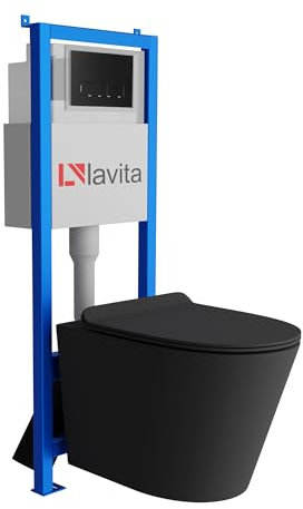 domino Lavita Vorwandelement inkl. Drückerplatte + Wand WC GALVE Black ohne Spülrand + WC-Sitz mit Soft-Close-Absenkautomatik (Drückerplatte RB)