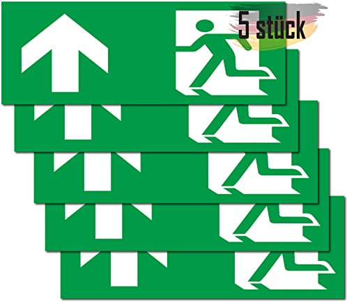 Cartello di uscita di emergenza, 5 pezzi, adesivi di alta qualità, 24 cm x 9 cm, segnale di uscita di emergenza, per segnali informativi, uscita di emergenza, segnalazione di sicurezza (freccia ↑)