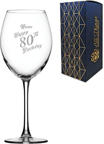 Personalised Engraved Enoteca Wine Glass Happy 80th Birthday Slanted Design Gift Boxed,19oz/561ml Large Wine Glass, Customise with Any Name, Engraved in The UK