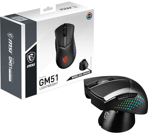 MSI Clutch GM51 Lightweight Wireless Gaming Maus - 26.000 DPI Optischer Sensor, 650 IPS, symmetrisch, 60Mio+ Click OMRON-Switches, 1000Hz Abtastrate, 1ms Latenz, RGB Mystic Light, 85g, kabellos