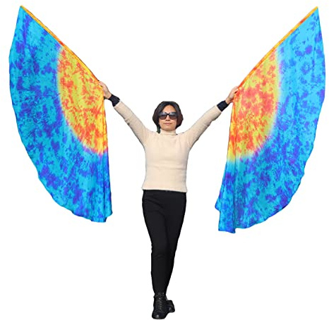 Winged Sirenny Leichte Halbkreis Seiden Tanzflügel mit Flexiblen Tragestangen, Handbemalte Isis Engel Flügel für Bauchtanz, Anbetung, Bühnenauftritte, 1 Paar (2 Stück), 89 x 180 cm (Feuer und Eis)